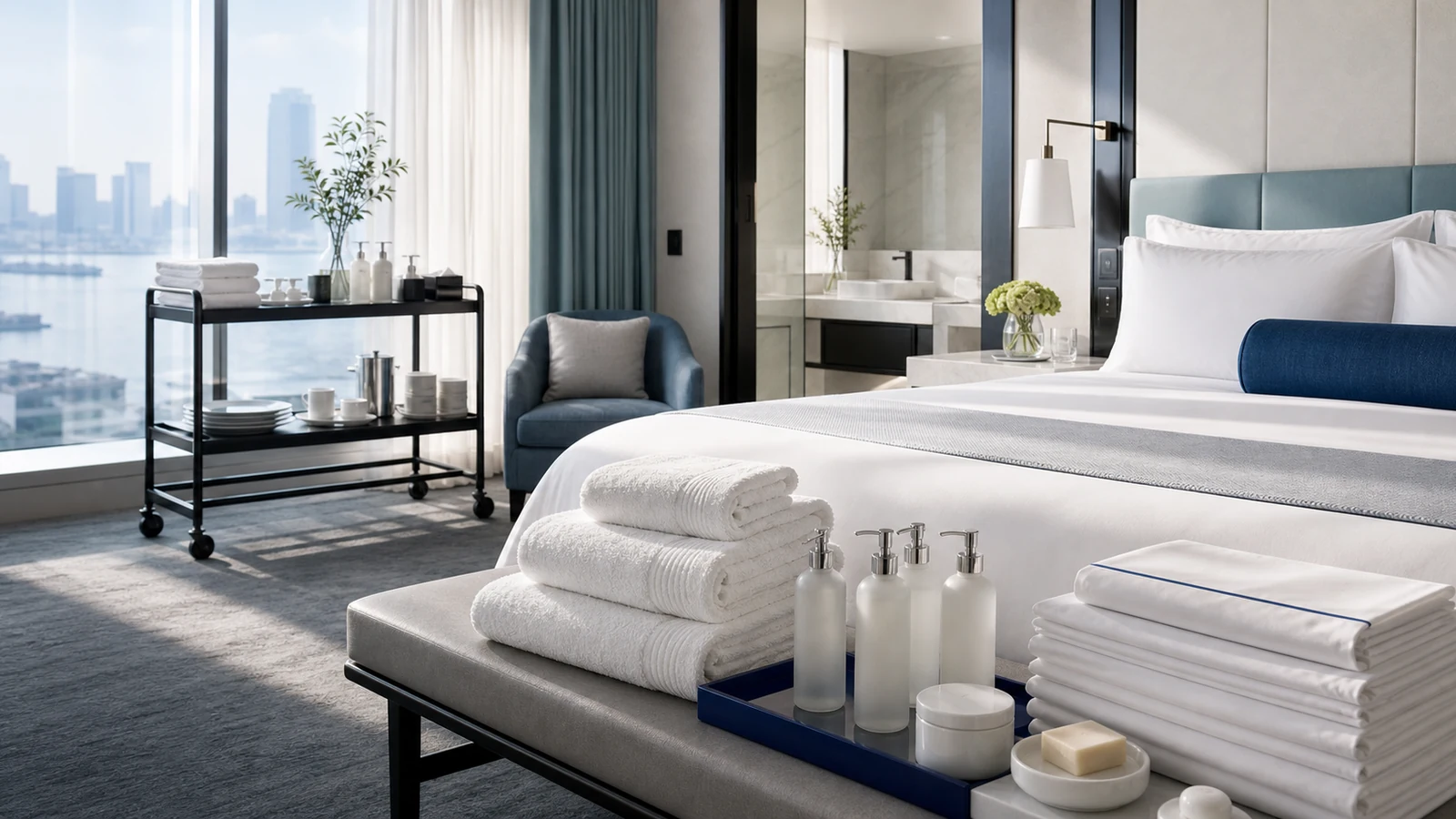 Bright hotel room staged with linen, towels, and amenities