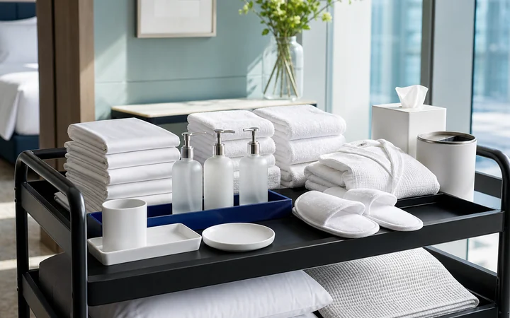 Pre-opening hotel supply set with linen, towels, amenities, and service pieces